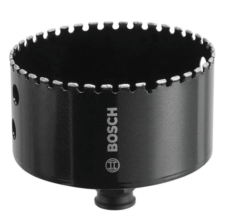 Studio shot of the black Bosch HDG358 diamond hole saw, showcasing the diamond grit cutting edge, side ejection slots, and integral quick change adapter on the bottom.