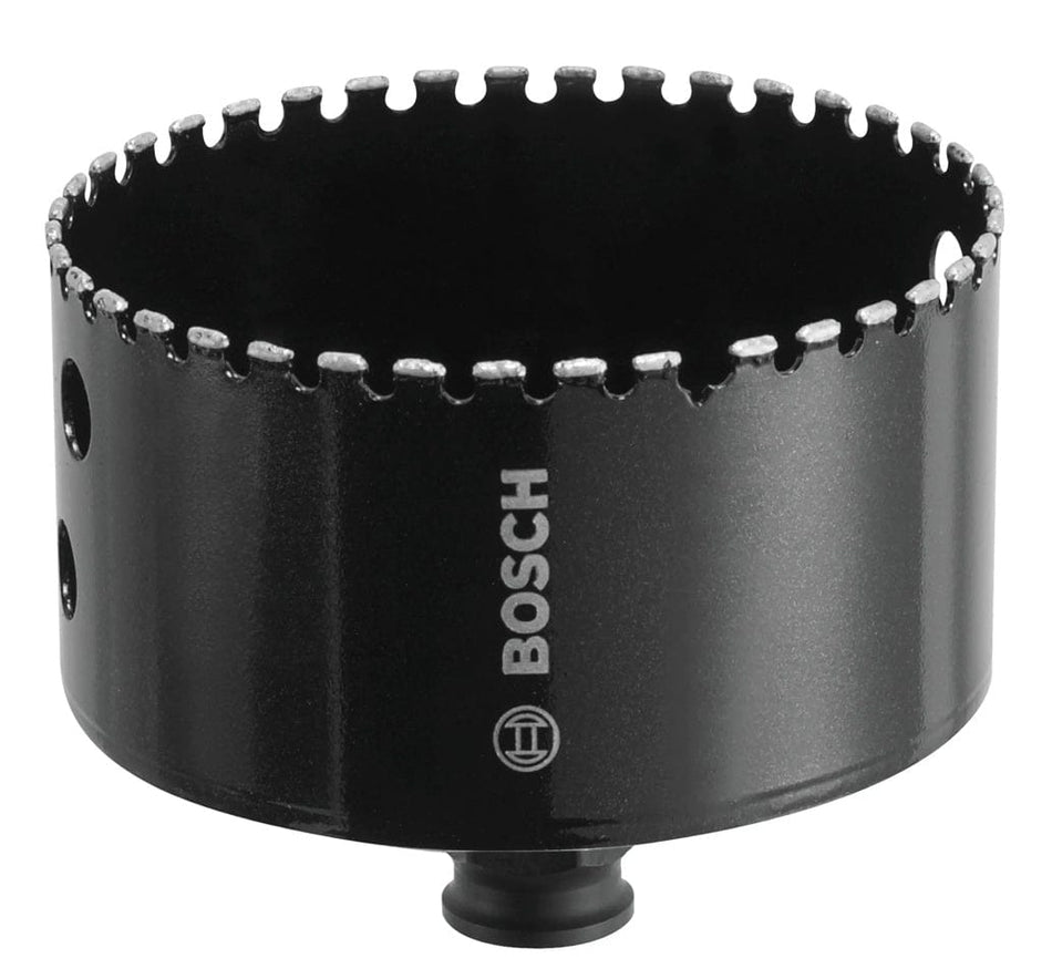 Studio shot of the black Bosch HDG358 diamond hole saw, showcasing the diamond grit cutting edge, side ejection slots, and integral quick change adapter on the bottom.