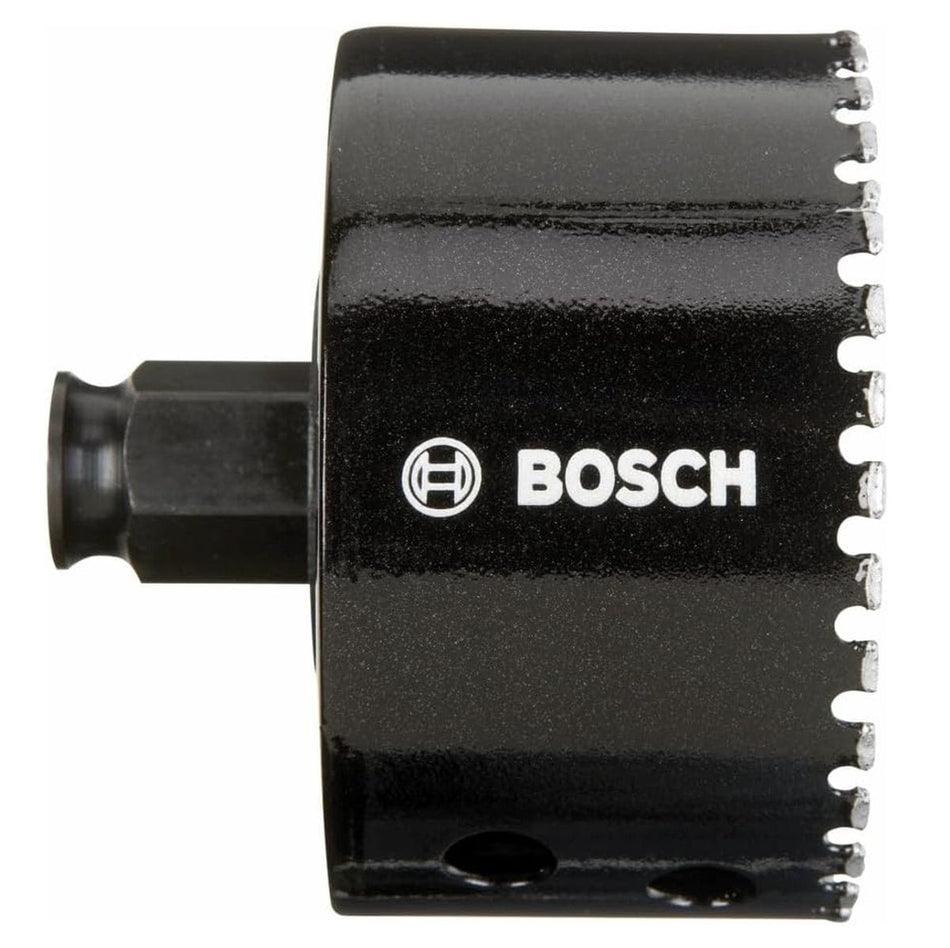 Product packaging for the Bosch 3-Inch Diamond Hole Saw with the tool visible through a clear plastic window.
