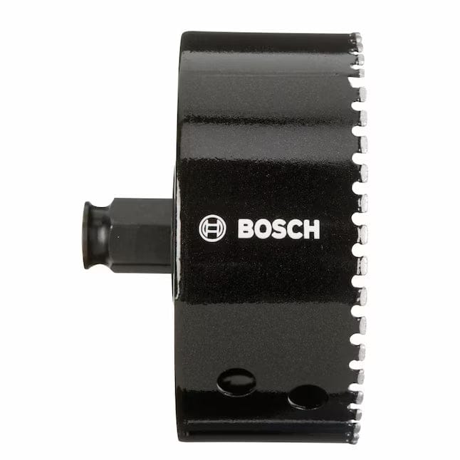 Side profile view of the Bosch HDG4 4-inch diamond hole saw, featuring a black steel body with the white Bosch logo, side ejection slots, and a vacuum-brazed diamond grit cutting edge.