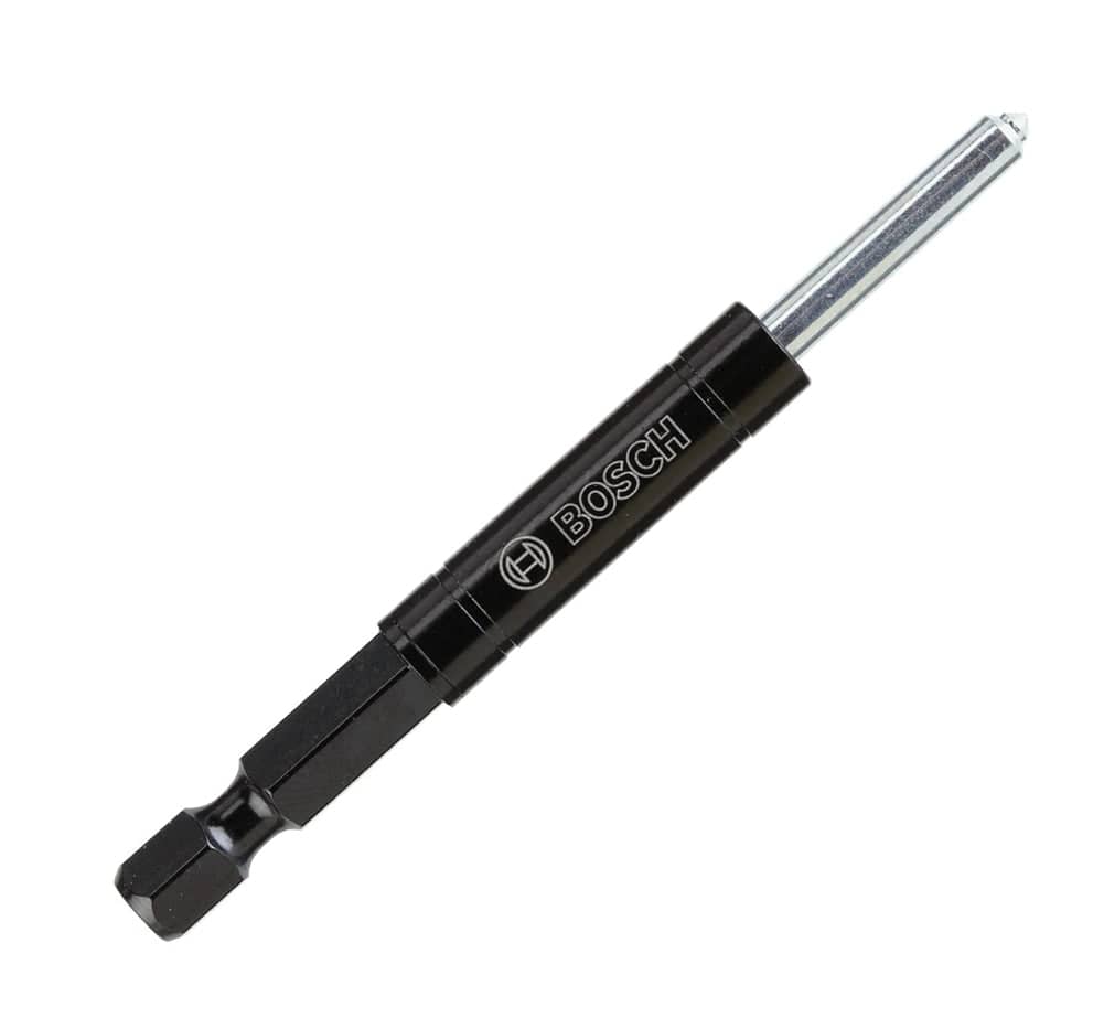 Studio view of the Bosch HDGPB6 AutoStart pilot bit featuring a black body with logo, silver retractable center pin, and hex shank.
