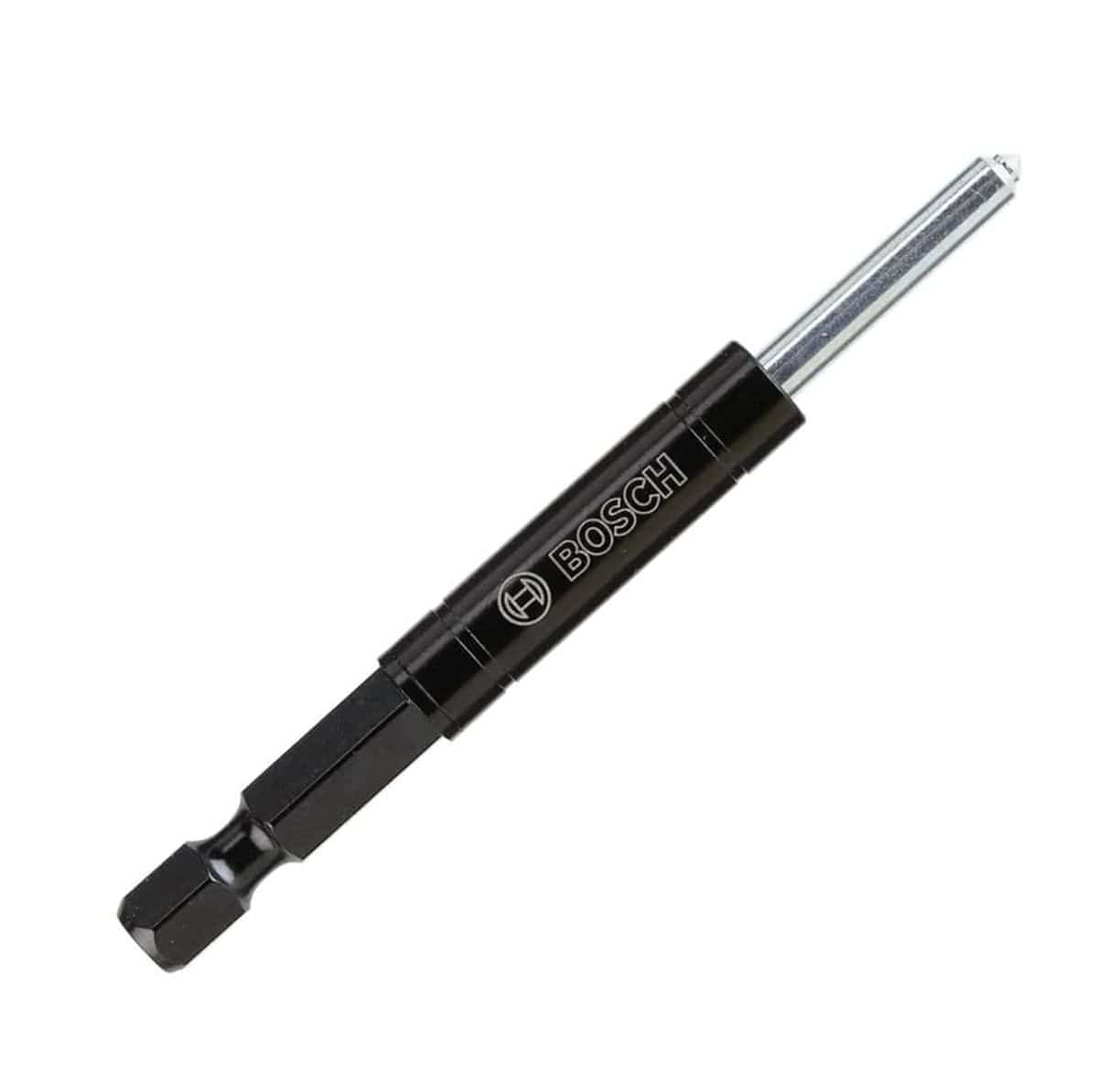 Studio view of the Bosch HDGPB6 AutoStart pilot bit featuring a black body with logo, silver retractable center pin, and hex shank.