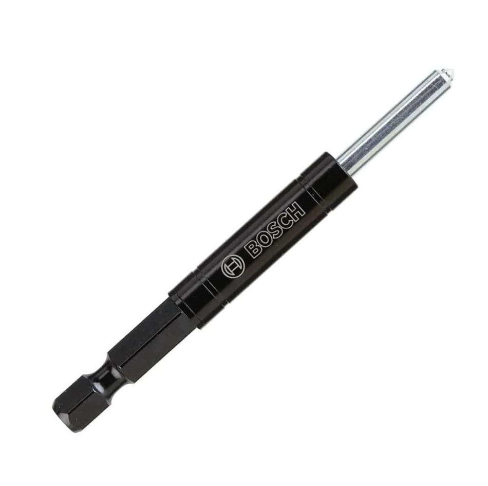 Studio view of the Bosch HDGPB6 AutoStart pilot bit featuring a black body with logo, silver retractable center pin, and hex shank.