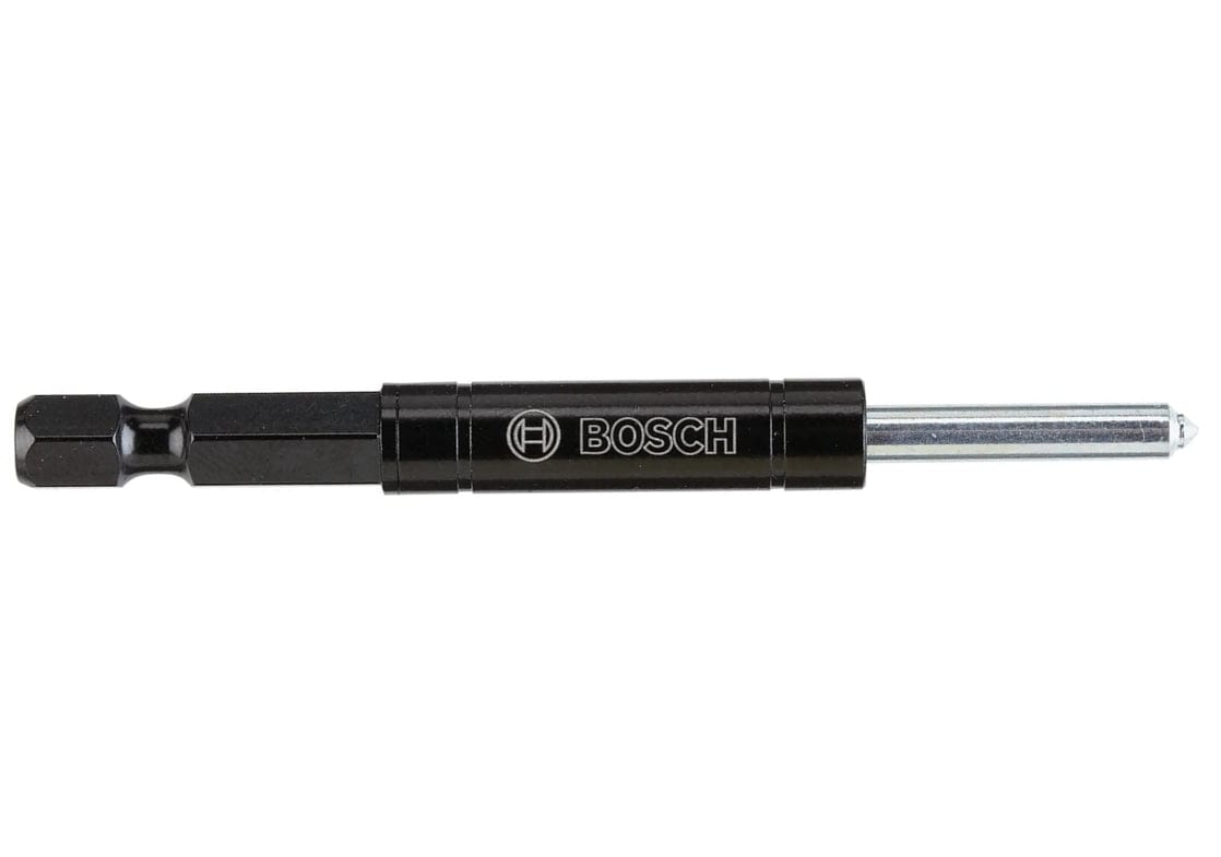 Side profile of the pilot bit showing the 1/4-inch hex shank, black housing, and spring-loaded carbide tip for diamond hole saws.