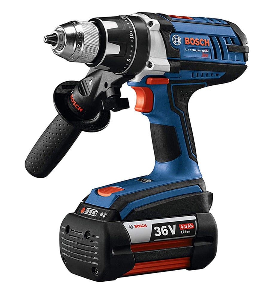 Bosch 36V cordless drill with side handle and ergonomic grip; keyless chuck and battery pack clearly visible.