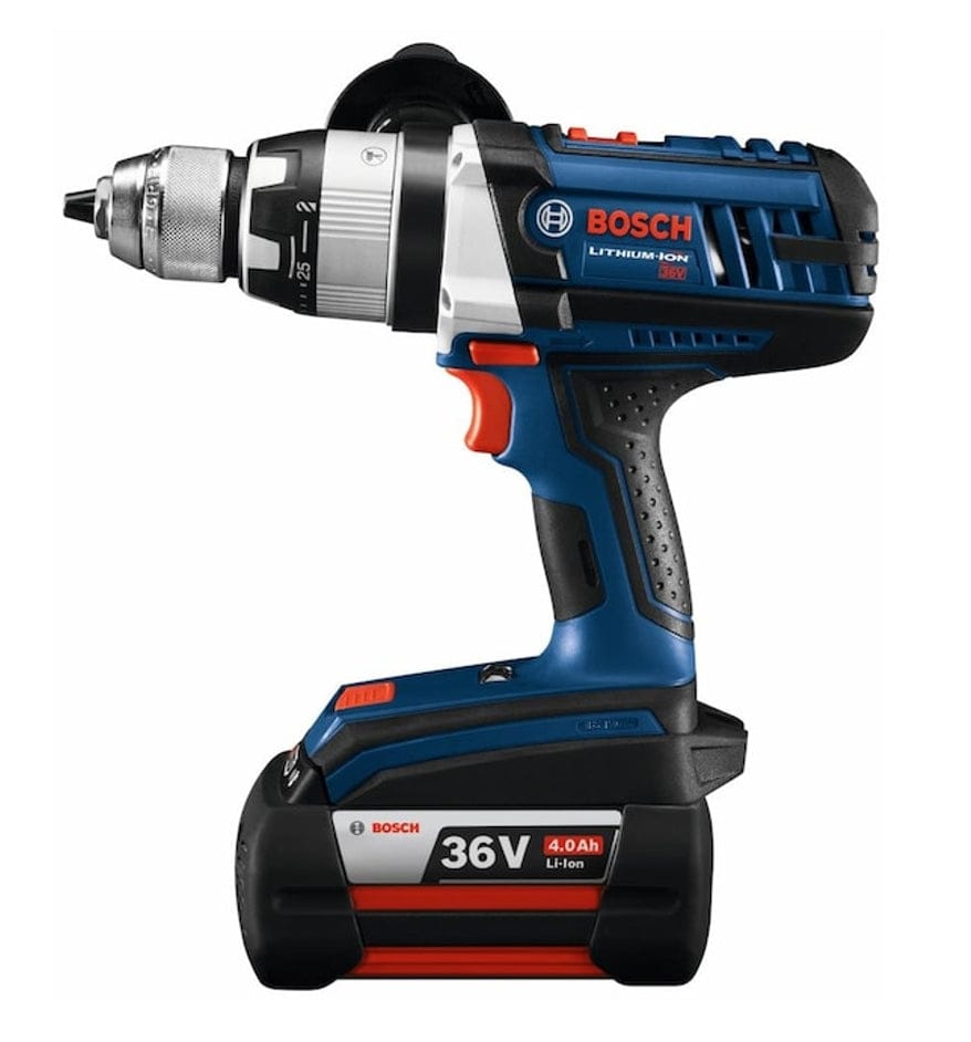 Close-up of Bosch 36V cordless drill showing keyless chuck, torque ring, and 4.0Ah lithium-ion battery pack.