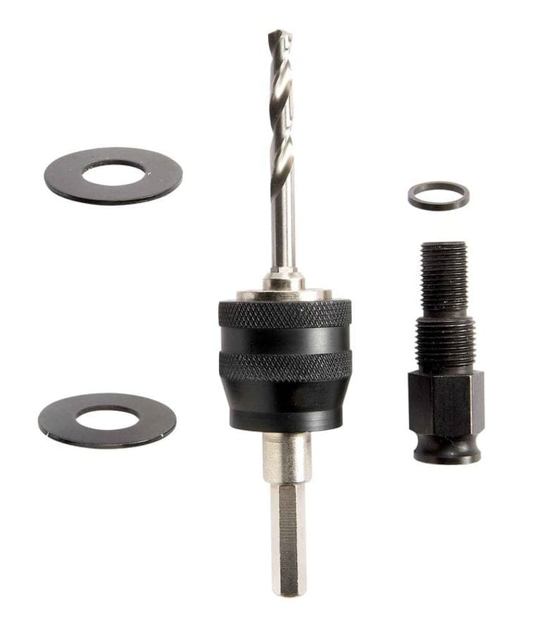 Studio view of the Bosch HE1 kit components including a pilot bit mandrel, two black washers, and a threaded adapter nut.