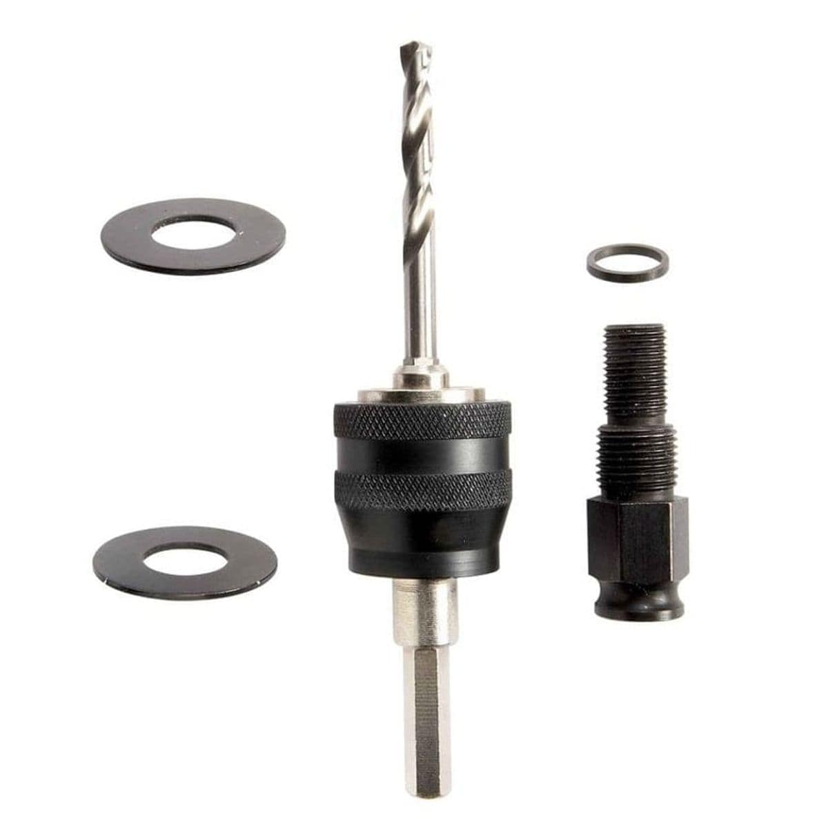 Studio view of the Bosch HE1 kit components including a pilot bit mandrel, two black washers, and a threaded adapter nut.