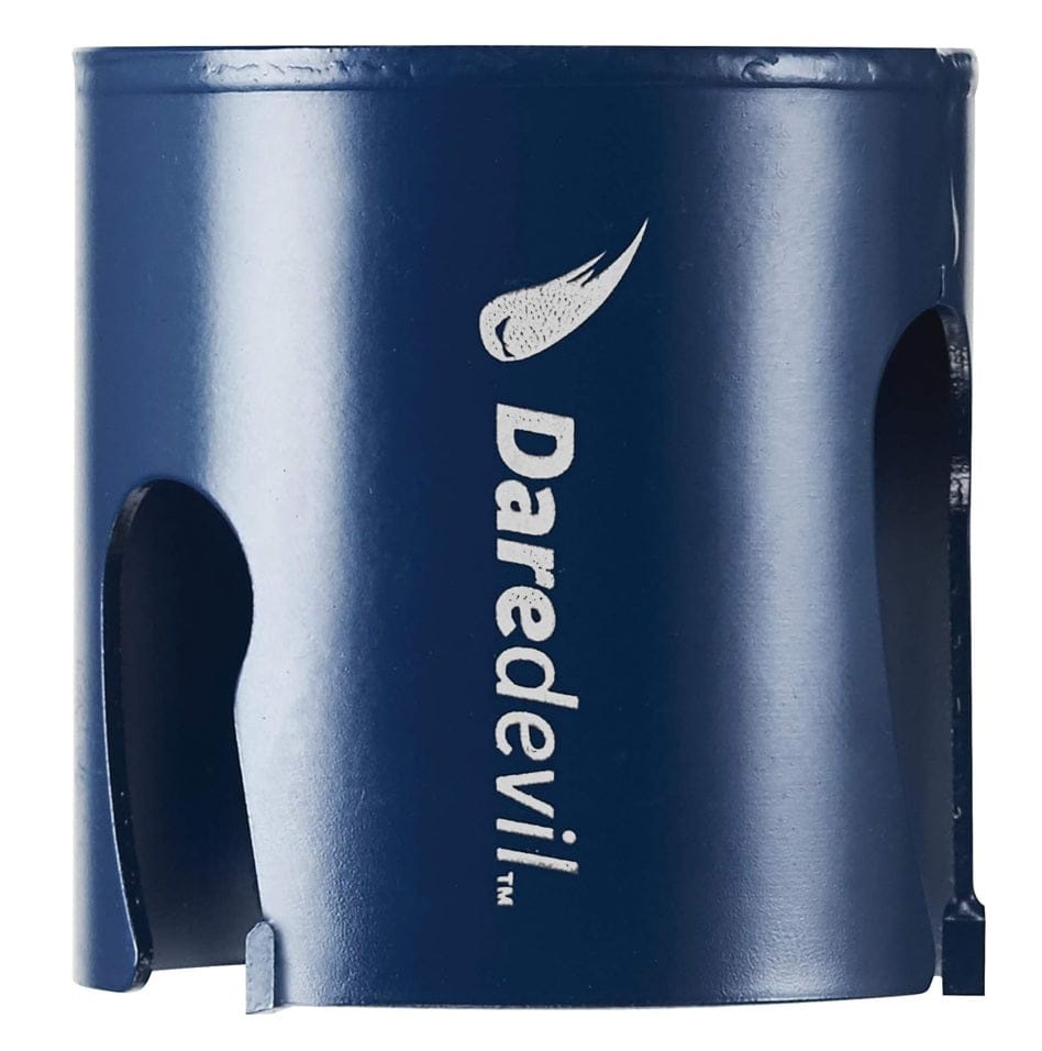 Studio view of the blue Bosch Daredevil hole saw featuring carbide teeth and deep side gullets.