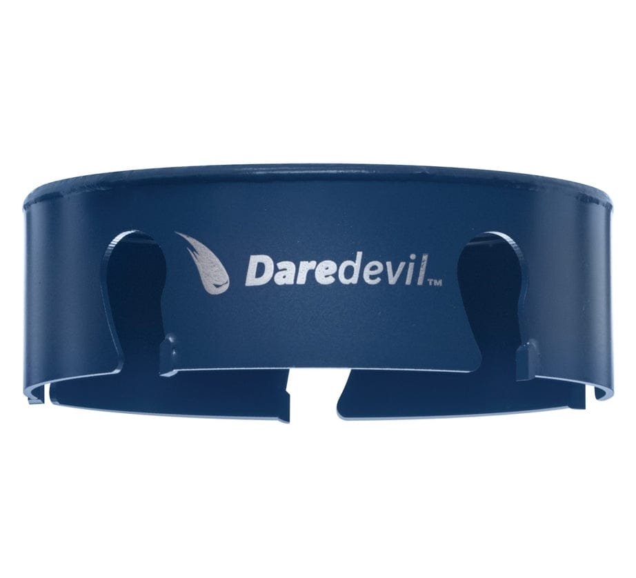 Studio view of the blue Bosch Daredevil recessed lighting hole saw featuring the white logo text and wide side slots.