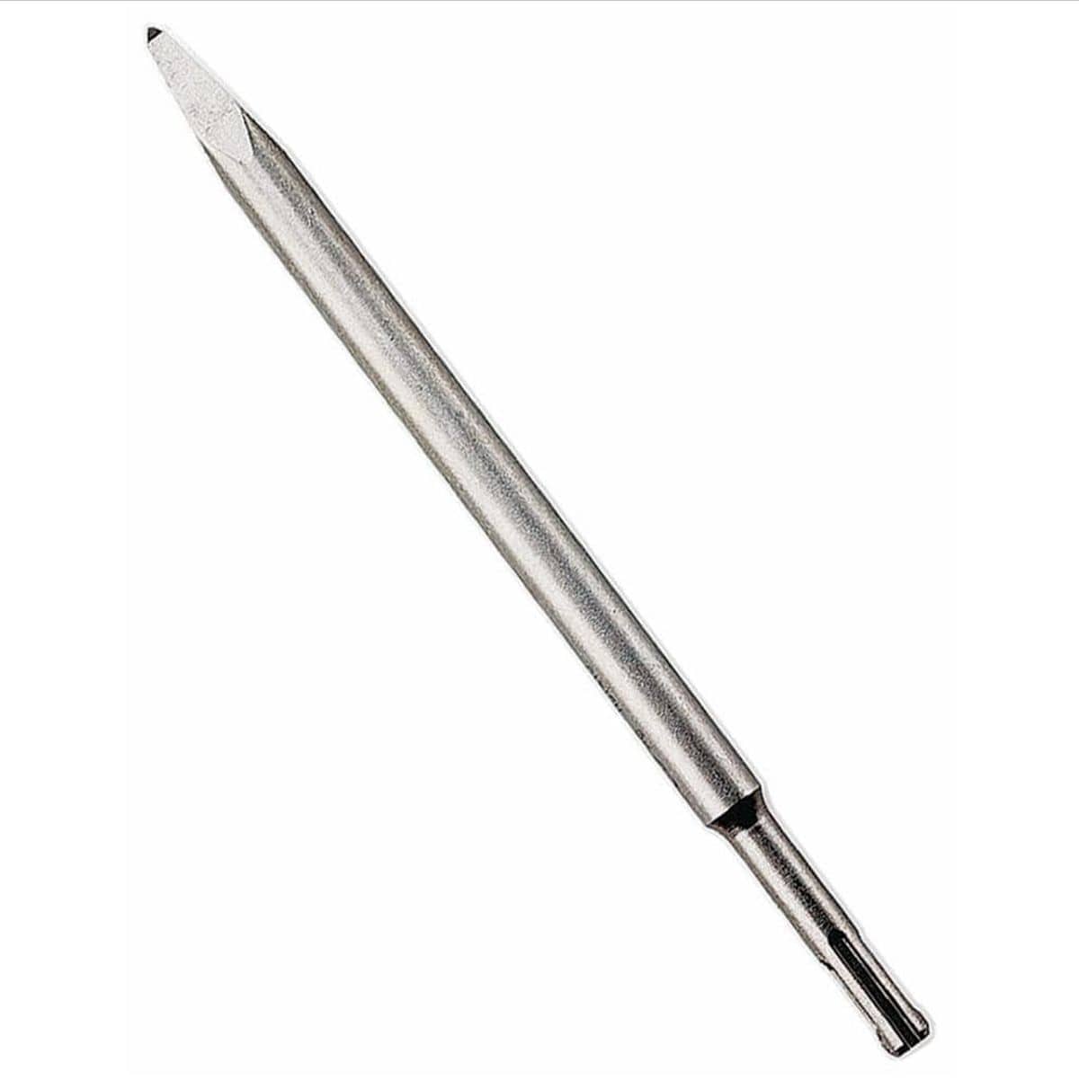 Bosch model HS1415P ten inch moil point chisel bit featuring an SDS plus drive shank and a sharp pointed head geometry engineered for high impact concrete breaking and masonry general demolition isolated diagonally on a white background.