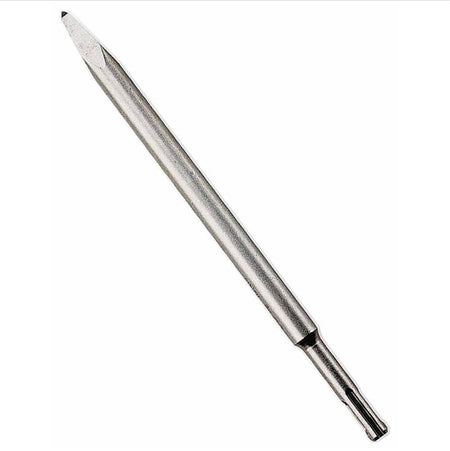 Bosch model HS1415P ten inch moil point chisel bit featuring an SDS plus drive shank and a sharp pointed head geometry engineered for high impact concrete breaking and masonry general demolition isolated diagonally on a white background.