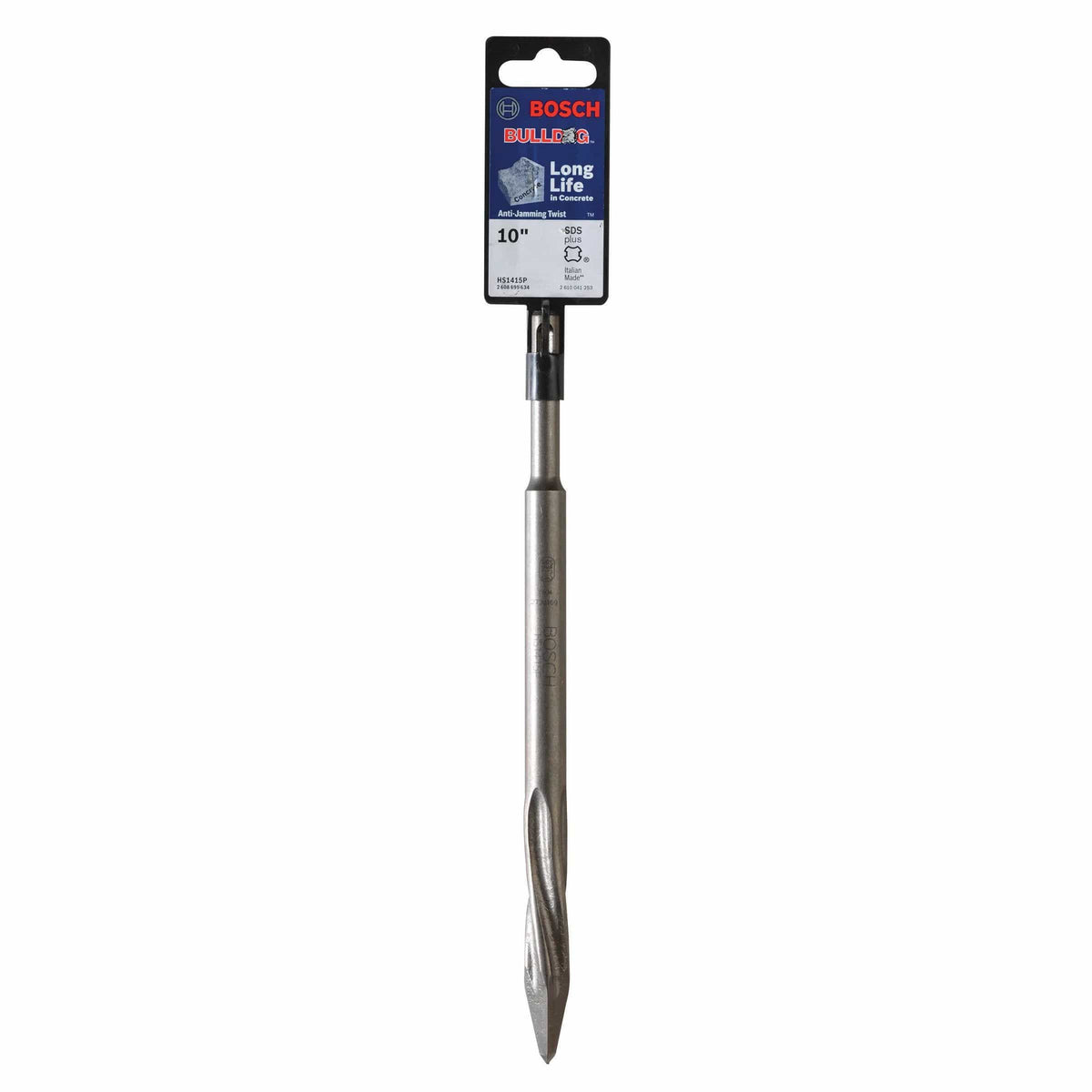 Bosch model HS1415P ten inch moil point chisel bit featuring an SDS plus drive shank and a sharp pointed head geometry engineered for high impact concrete breaking and masonry general demolition isolated diagonally on a white background.