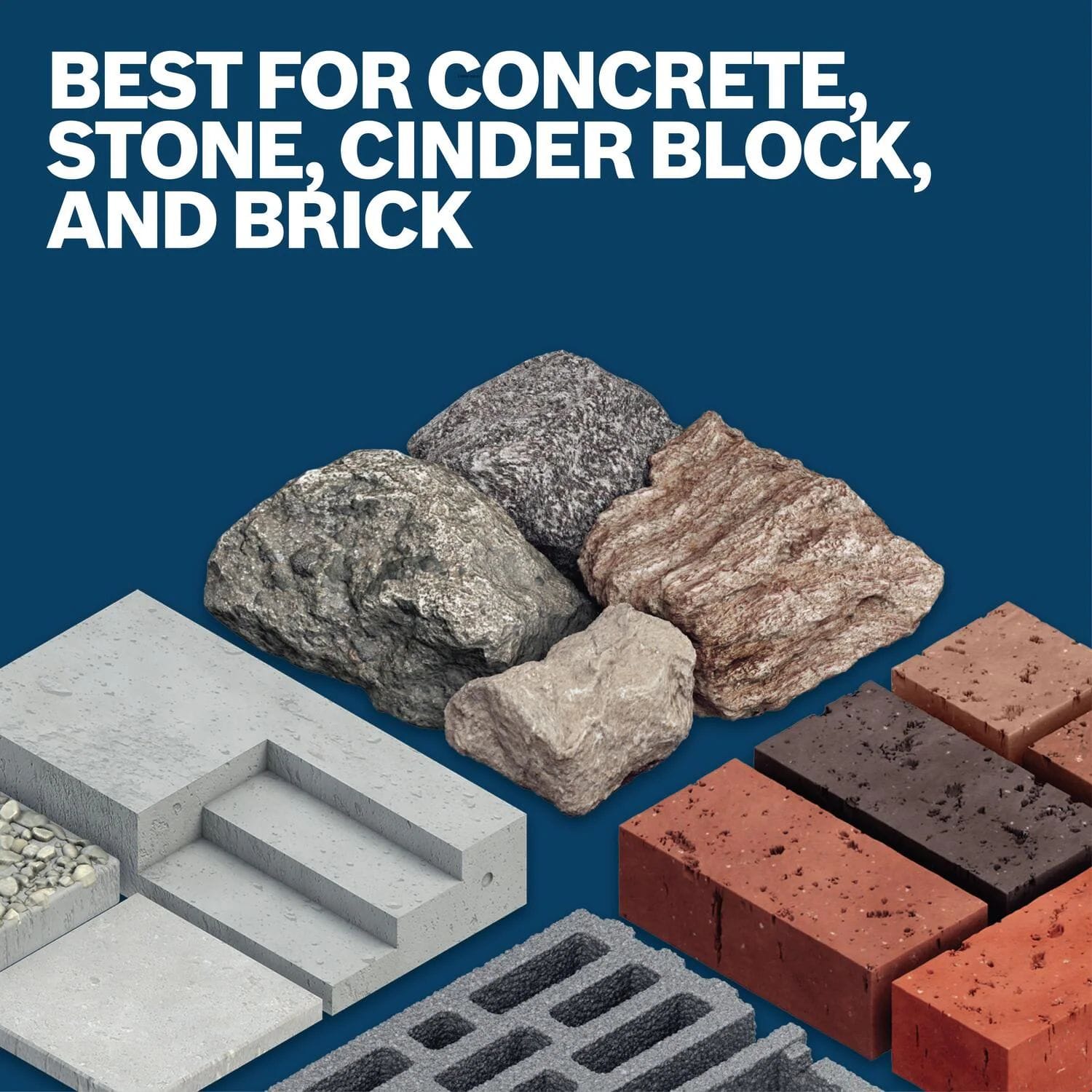 Graphic illustration containing structural 3D models of diverse building materials below a large bold text header stating BEST FOR CONCRETE, STONE, CINDER BLOCK, AND BRICK.