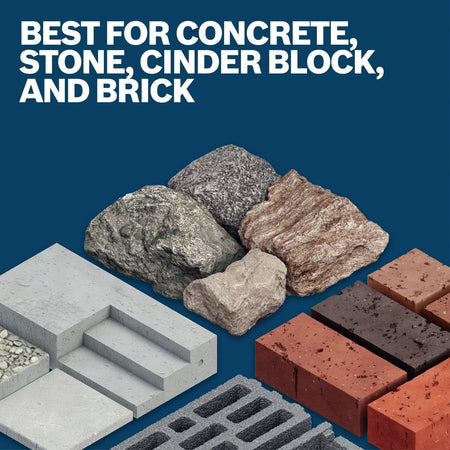 Graphic illustration containing structural 3D models of diverse building materials below a large bold text header stating BEST FOR CONCRETE, STONE, CINDER BLOCK, AND BRICK.