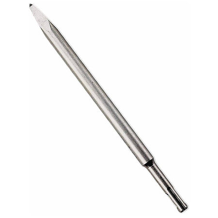 Length: Approximately 10 inches long.
Shape: It has a narrow, pointed tip designed for focused material removal.
Material: Made of high-strength hardened steel, ensuring durability.
Shank Type: SDS-plus shank, which has slots for secure and efficient power transfer in rotary hammers.
Color: Typically metallic silver or gray.
