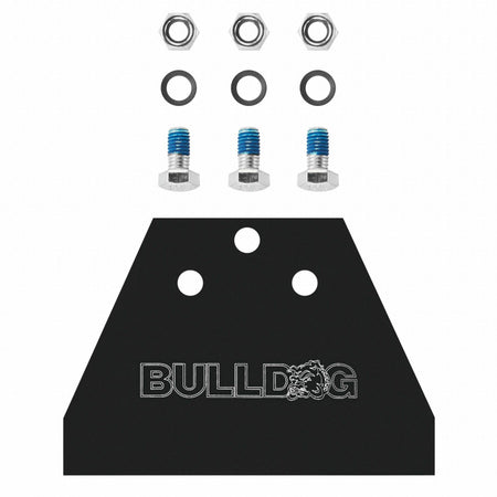 A product layout of the Bosch HS1418RK Bulldog replacement kit featuring a 5-inch high-carbon steel scraper blade, three mounting bolts with blue thread locker, three locking nuts, and three washers.