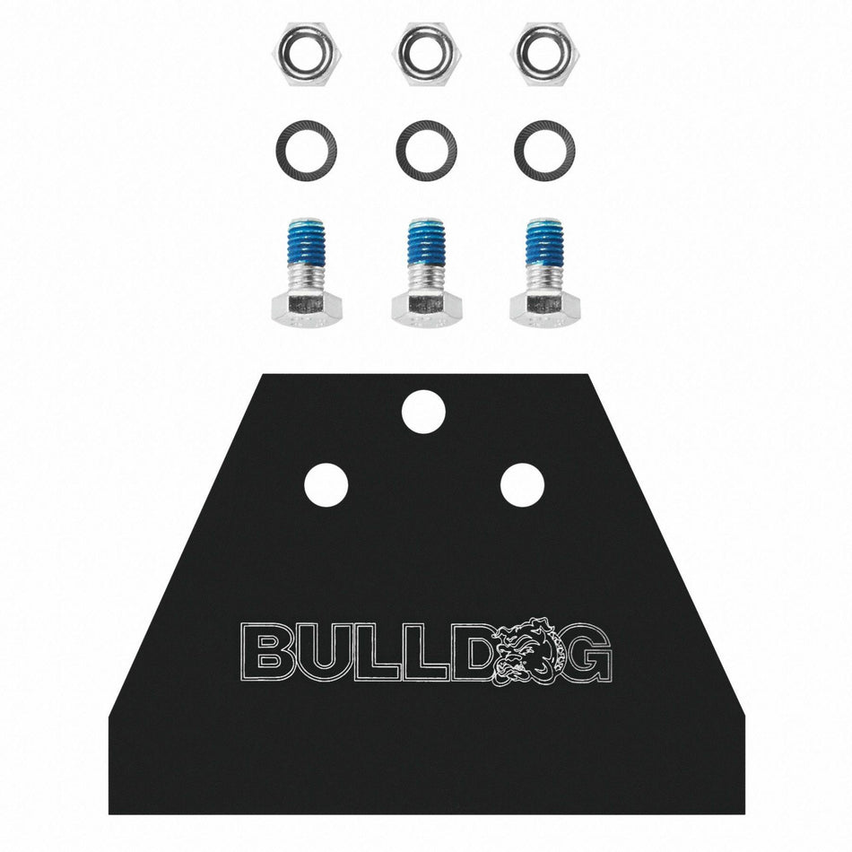 A product layout of the Bosch HS1418RK Bulldog replacement kit featuring a 5-inch high-carbon steel scraper blade, three mounting bolts with blue thread locker, three locking nuts, and three washers.