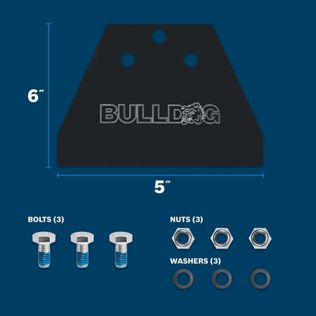 An informative graphic showcasing the dimensions of the Bosch Bulldog replacement blade, highlighting the 5-inch width and 6-inch blade height, along with a visual breakdown of the included mounting hardware.