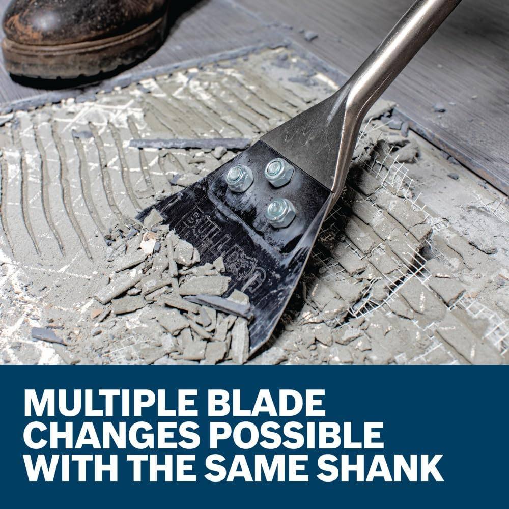 A marketing graphic of the Bosch floor scraper with text stating that multiple blade changes are possible with the same shank, emphasizing the cost-effectiveness and sustainability of the HS1418RK replacement kit.