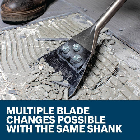A marketing graphic of the Bosch floor scraper with text stating that multiple blade changes are possible with the same shank, emphasizing the cost-effectiveness and sustainability of the HS1418RK replacement kit.