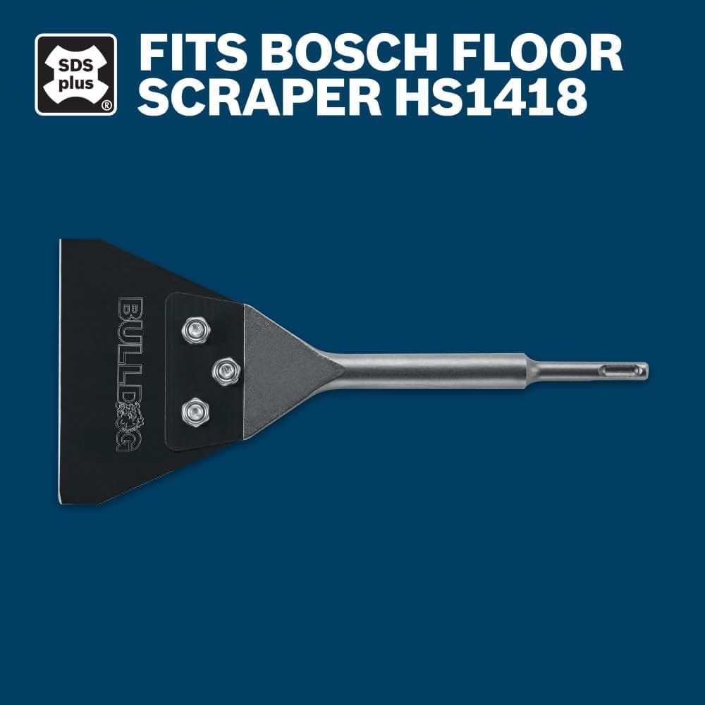 A technical graphic showing the fully assembled Bosch floor scraper with a caption confirming that this replacement kit is designed specifically to fit the SDS-plus Bulldog HS1418 model.