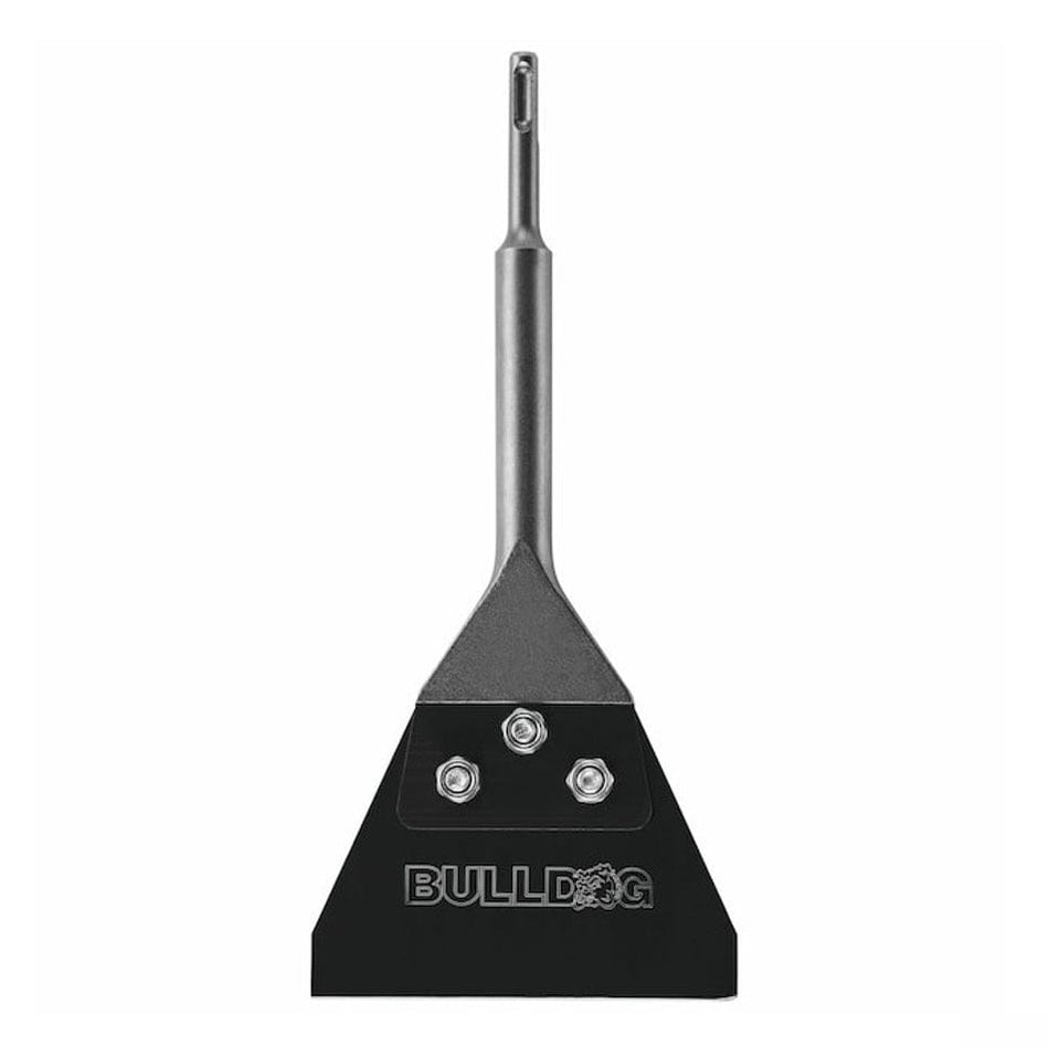 A studio shot of the Bosch HS1418 SDS-plus Bulldog floor scraper featuring a forged steel construction with a 5-inch wide replaceable blade and an 11-inch shank designed for heavy-duty demolition.