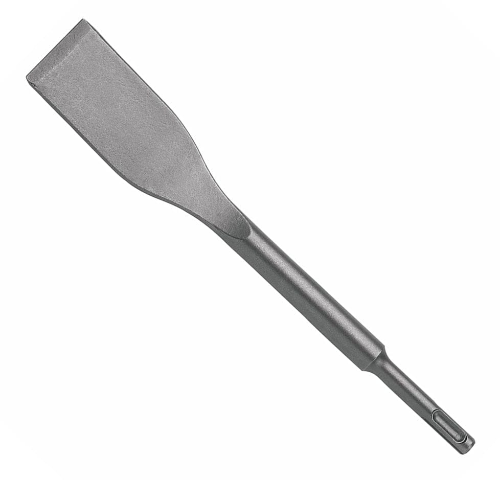 A studio shot of the Bosch HS1465 SDS-plus Bulldog Xtreme tile chisel bit featuring a 1-1/2 inch wide angled spade head and a forged alloy steel body designed for rapid tile and mortar removal.