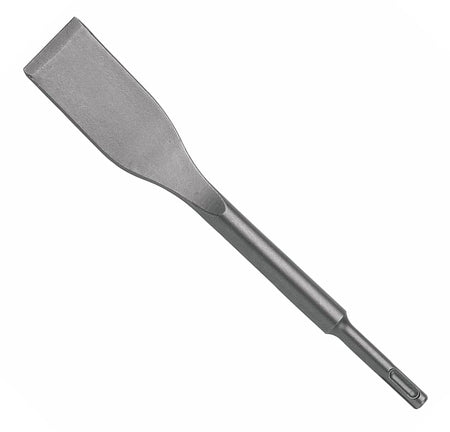 A studio shot of the Bosch HS1465 SDS-plus Bulldog Xtreme tile chisel bit featuring a 1-1/2 inch wide angled spade head and a forged alloy steel body designed for rapid tile and mortar removal.