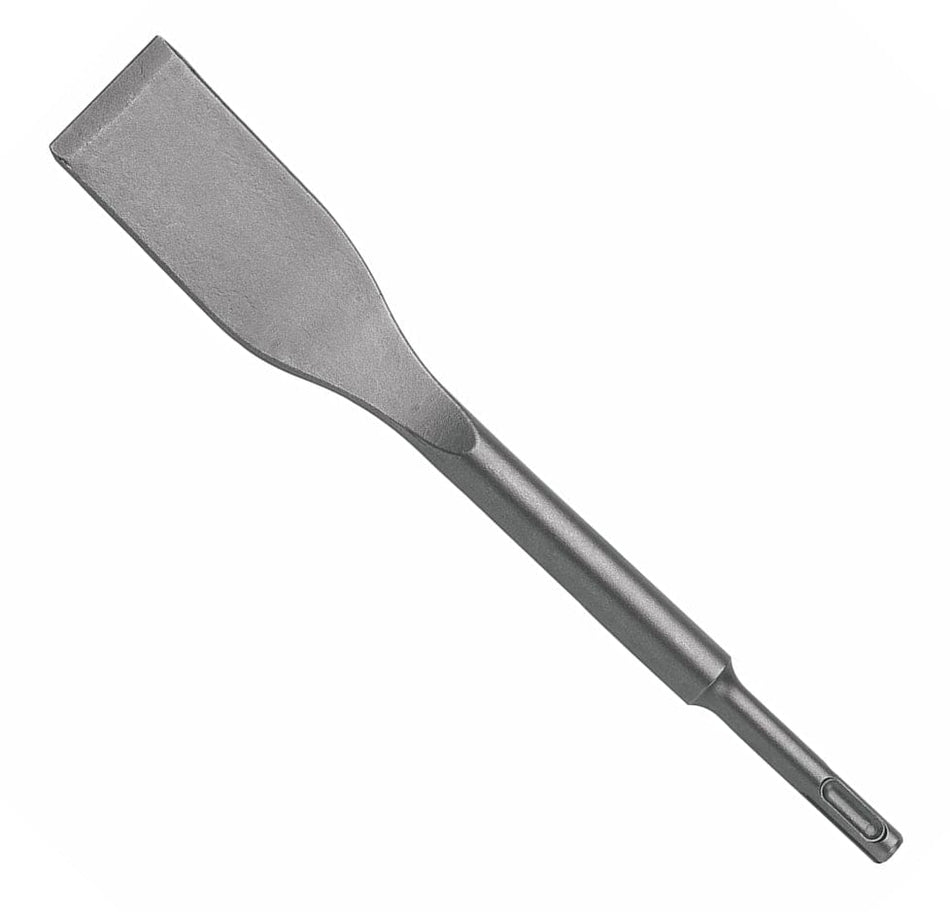 A studio shot of the Bosch HS1465 SDS-plus Bulldog Xtreme tile chisel bit featuring a 1-1/2 inch wide angled spade head and a forged alloy steel body designed for rapid tile and mortar removal.