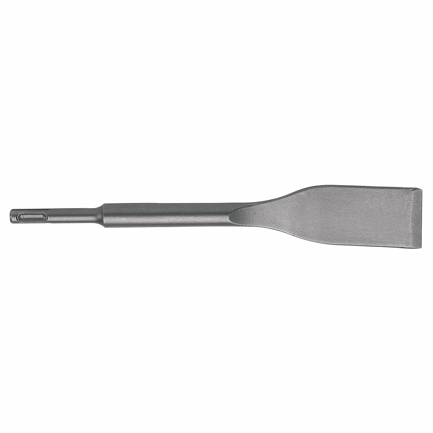 A profile view of the Bosch Bulldog Xtreme tile chisel showcasing the specialized angled head geometry that provides an ideal prying angle for lifting floor and wall tiles.