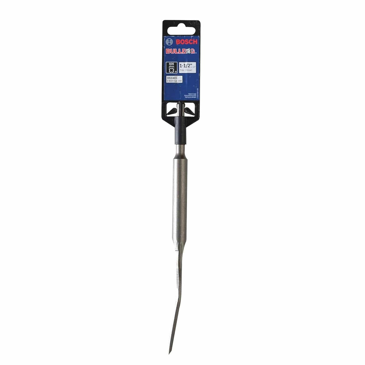 A professional retail packaging view of the Bosch HS1465 1-1/2 inch by 10 inch SDS-plus tile chisel, indicating its compatibility with rotary hammers and high-performance material removal capabilities.