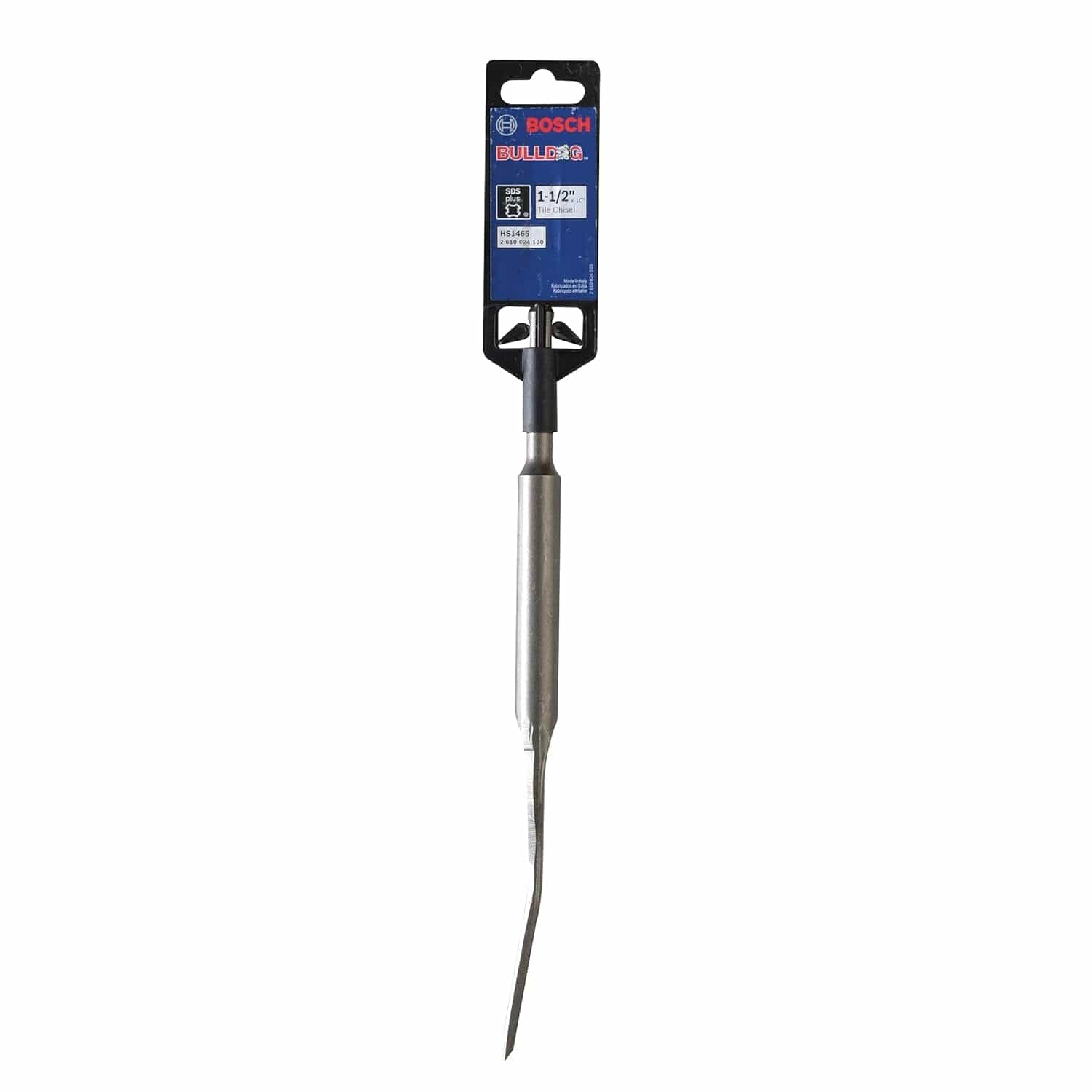 A professional retail packaging view of the Bosch HS1465 1-1/2 inch by 10 inch SDS-plus tile chisel, indicating its compatibility with rotary hammers and high-performance material removal capabilities.
