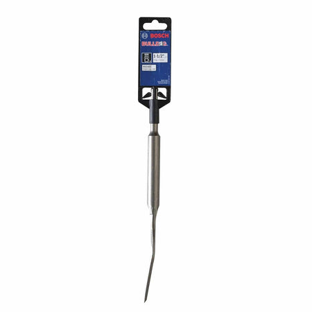 A professional retail packaging view of the Bosch HS1465 1-1/2 inch by 10 inch SDS-plus tile chisel, indicating its compatibility with rotary hammers and high-performance material removal capabilities.