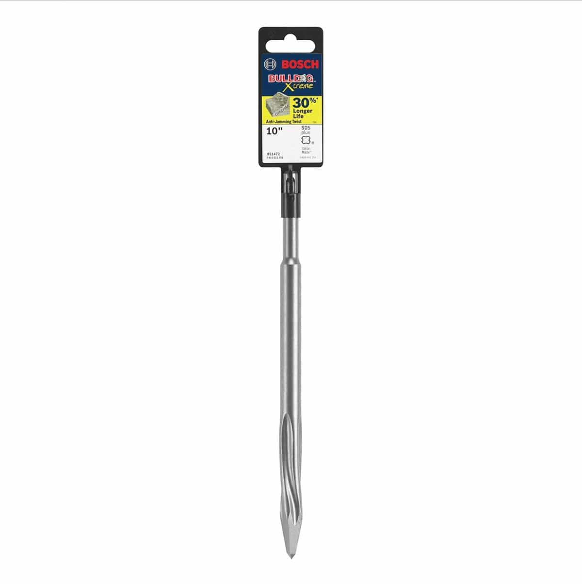 Bosch model HS1472 ten inch SDS plus Bulldog Xtreme star point twist chisel bit attached to its original black cardboard retail packaging header card displaying a thirty percent longer life icon indicator label over a solid white background.