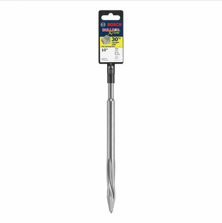 Bosch model HS1472 ten inch SDS plus Bulldog Xtreme star point twist chisel bit attached to its original black cardboard retail packaging header card displaying a thirty percent longer life icon indicator label over a solid white background.