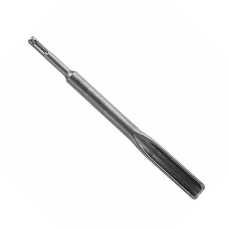 Angled view of the Bosch HS1475 10-inch SDS-Plus Bulldog hammer steel gouging chisel bit featuring a heavy-duty alloy construction designed for rough wood removal.