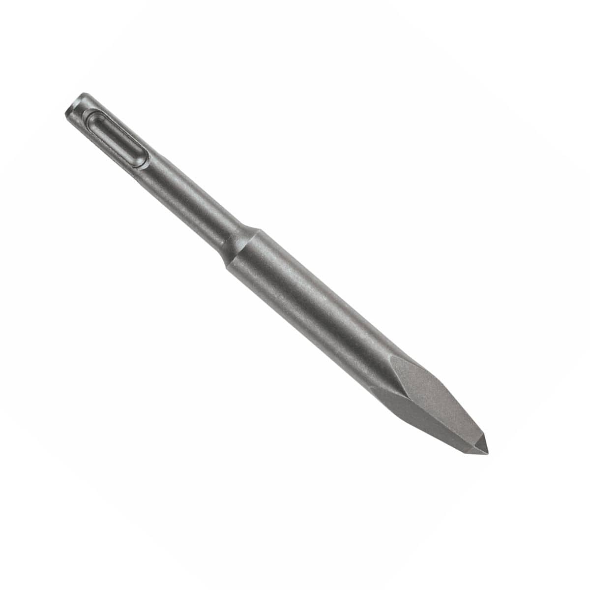 A Bosch HS1490 SDS Plus Bulldog hammer steel stubby point chisel bit shown in a vertical studio layout against a white background, highlighting its quick-change slotted SDS-plus machining shank and its premium tungsten carbide-tipped pointing head built for precise masonry demolition and mortar joint removal.