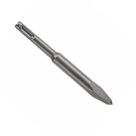 A Bosch HS1490 SDS Plus Bulldog hammer steel stubby point chisel bit shown in a vertical studio layout against a white background, highlighting its quick-change slotted SDS-plus machining shank and its premium tungsten carbide-tipped pointing head built for precise masonry demolition and mortar joint removal.
