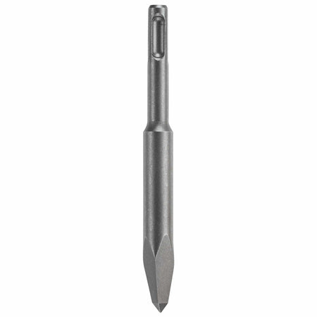 An angled top-down view of a Bosch Bulldog hammer steel stubby point chisel bit isolated on a white surface, showcasing the heavy-duty forged steel body construction and the tapered tungsten carbide tip engineered for clean bricklayer tuckpointing, plaster scraping, and mortar clearing applications.