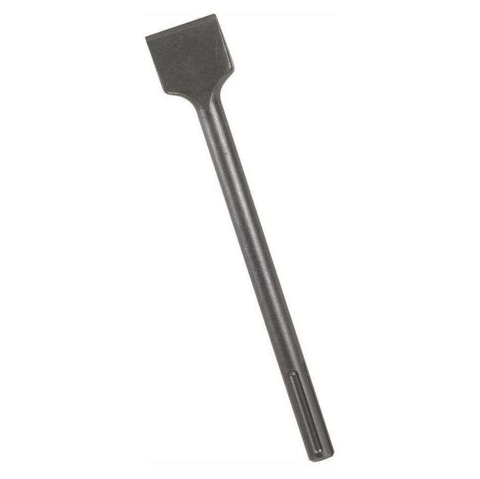 Bosch three quarter inch hex shank hammer steel demolition tool bit showing a heavy duty dark alloy metal scraping chisel body with a solid slotted hex connection and a wide flat blade geometry engineered for high impact concrete breaker jackhammer surface chipping masonry work brick tile removal and demolition applications isolated diagonally on a white background.