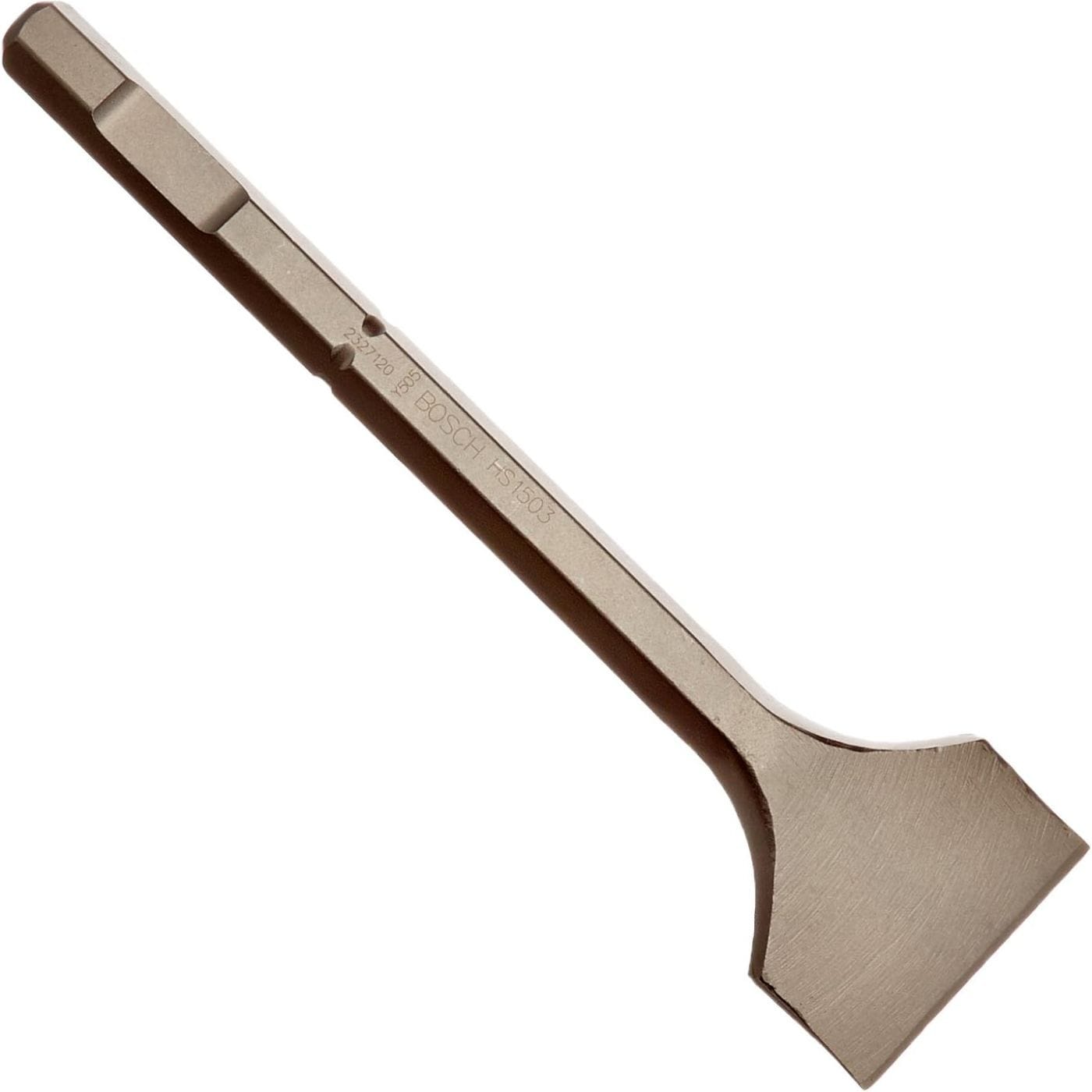 Bosch HS1503 three inch by twelve inch scaling chisel bit featuring a three quarter inch hex shank hammer steel alloy body with a crisp brand stamp engraving, a durable flat shaft layout, and a wide spade scraping blade built for heavy duty concrete masonry scraping and demolition tools isolated diagonally on a white background.