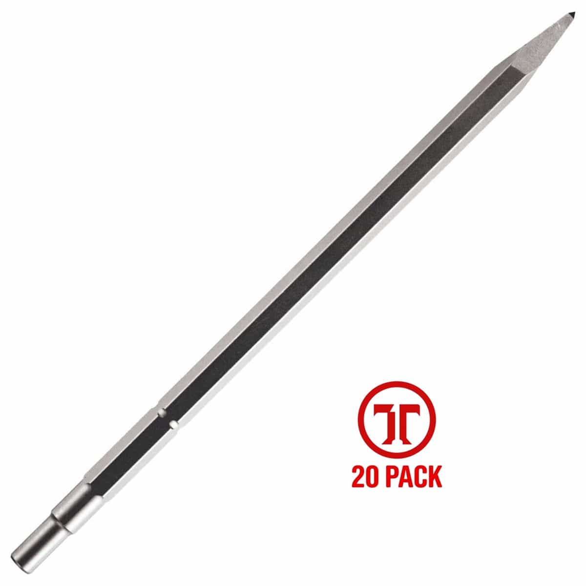 A studio product shot of a single Bosch HS1813 bull point chisel bit from the 20-pack kit, showing its universal 3/4-inch hex by 21/32-inch round spline shank alignment mounting base, long solid metal body, and a precision-ground tapered demolition tip point, positioned next to a red circular marketing graphic callout that reads 20 Pack.