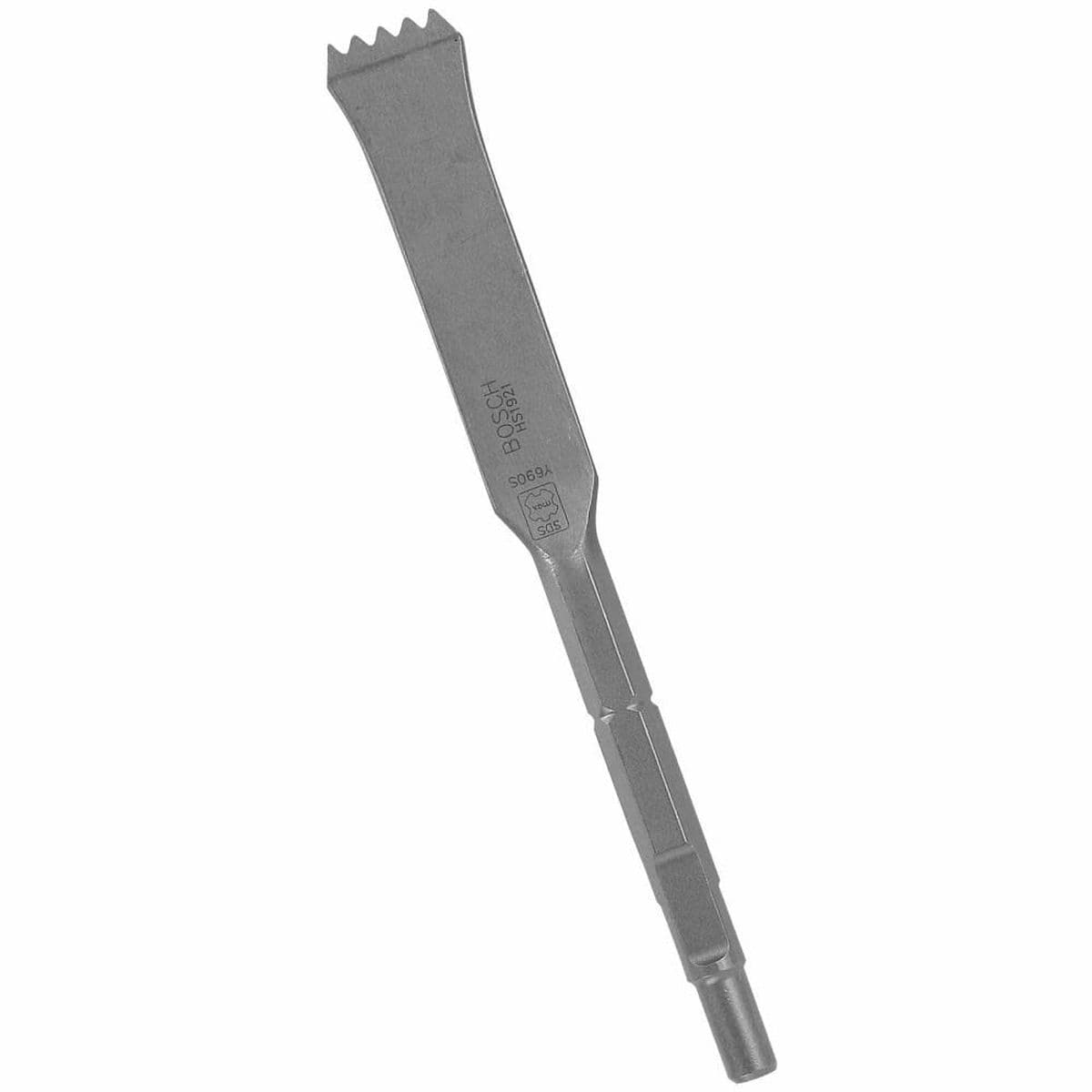 A heavy-duty Bosch HS1921 SDS Max tooth-edged scaling chisel bit positioned diagonally against a plain white background, showcasing its universal slotted drive shank, an engraved factory authenticity stamp, a flat steel body shaft, and a specialized toothed cutting edge engineered for aggressive concrete scraping, masonry mortar removal, rough slotting, and surface channeling.