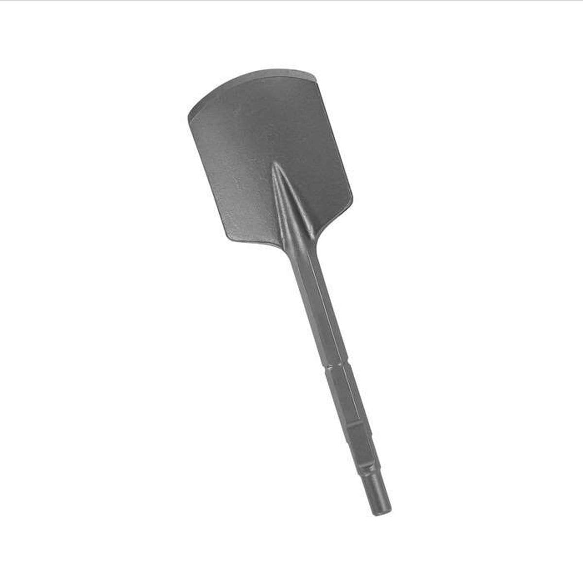 Bosch four and a half inch steel clay spade hammer bit model HS1822 featuring a wide scoop digging edge with a combination spline and round hex shank for commercial landscaping trenching and masonry demolition isolated on a white background.