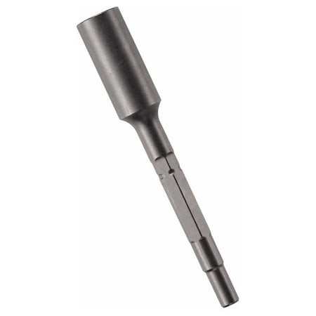 A heavy-duty Bosch HS1824 ground rod driver tool shown diagonally against a plain white background, highlighting its deep cylindrical receiving socket and a combination round hex spline driving shank forged from solid structural alloy steel.