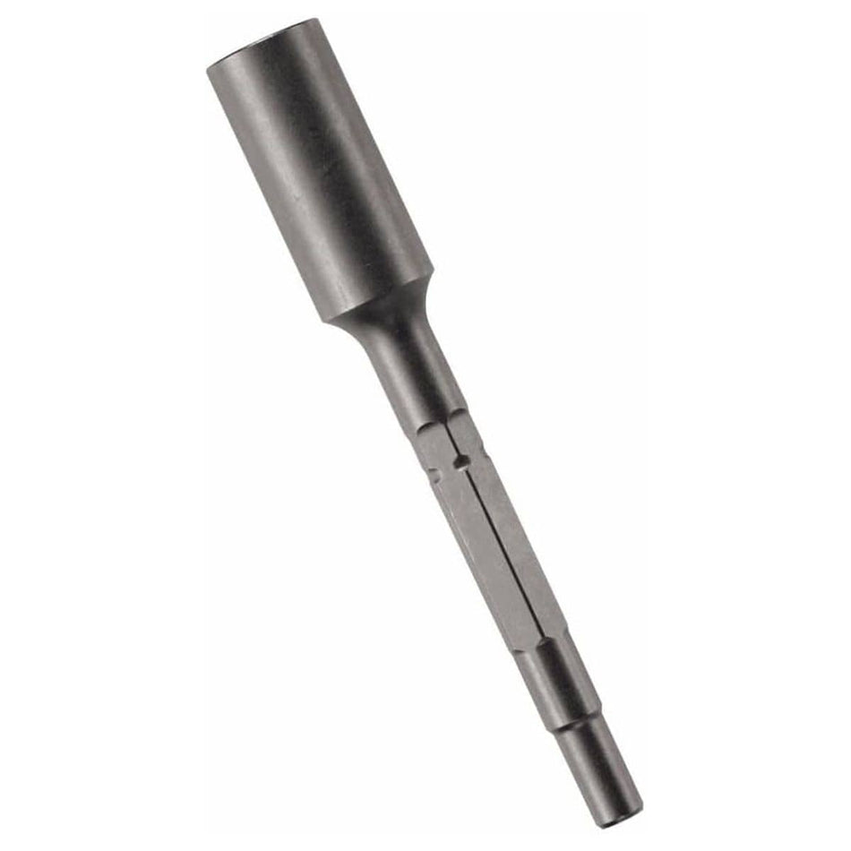 A heavy-duty Bosch HS1824 ground rod driver tool shown diagonally against a plain white background, highlighting its deep cylindrical receiving socket and a combination round hex spline driving shank forged from solid structural alloy steel.