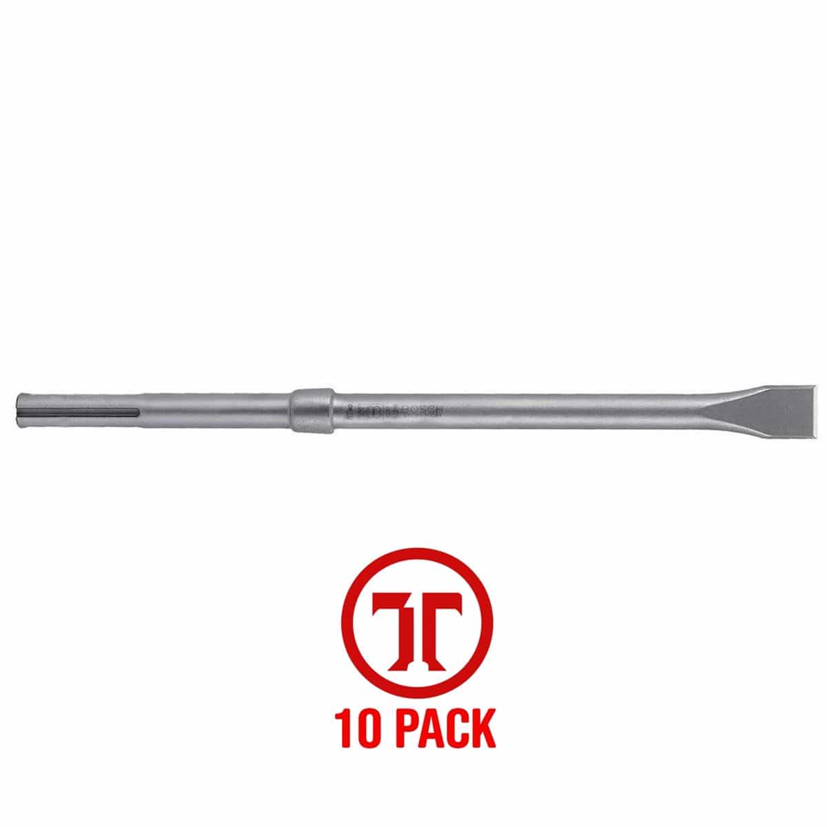 A studio product shot of a single Bosch HS1903 SDS-max R-Tec flat chisel bit from the 10-pack kit displayed horizontally, showing its universal SDS-max connection shank, an integrated energy-reflecting collar element, a long solid metal shaft with etched markings, and a straight-edged flat chisel head face, positioned above a red circular marketing graphic callout that reads 10 Pack.