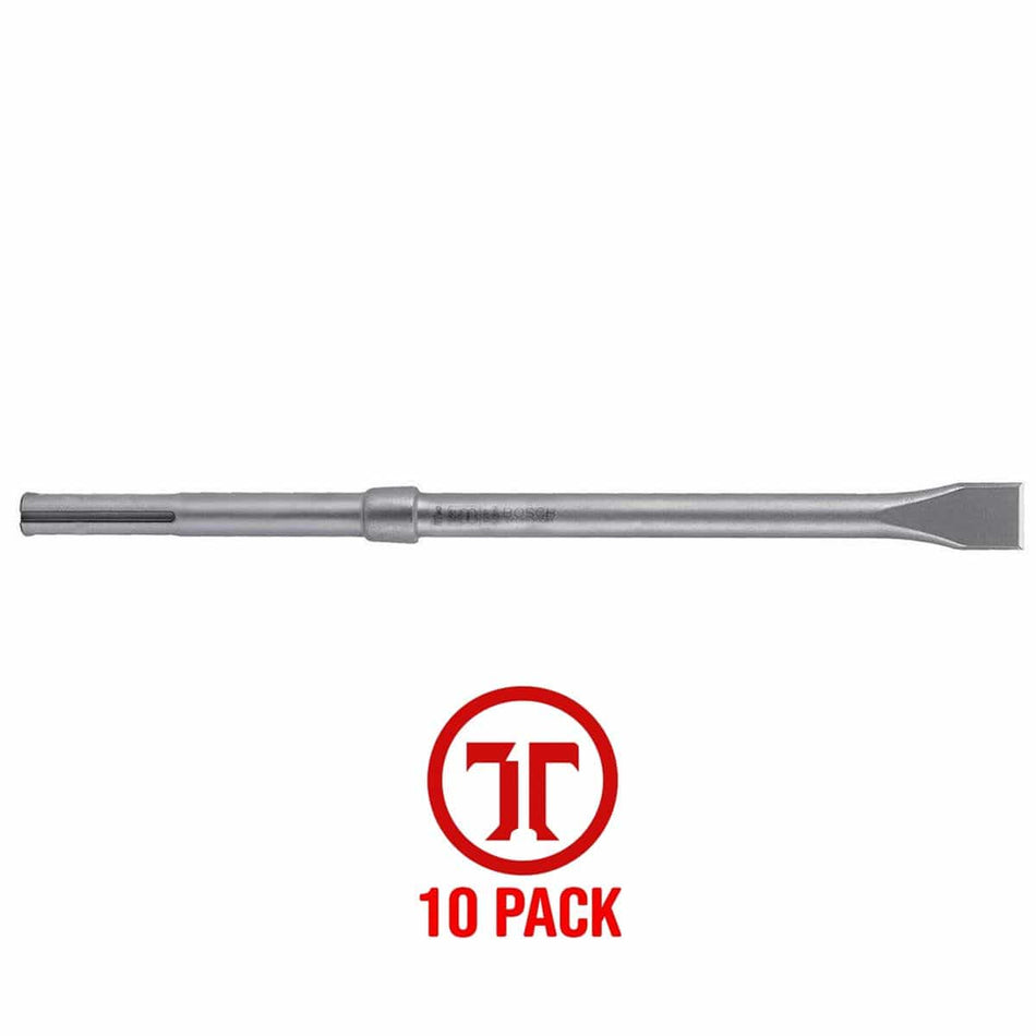 A studio product shot of a single Bosch HS1903 SDS-max R-Tec flat chisel bit from the 10-pack kit displayed horizontally, showing its universal SDS-max connection shank, an integrated energy-reflecting collar element, a long solid metal shaft with etched markings, and a straight-edged flat chisel head face, positioned above a red circular marketing graphic callout that reads 10 Pack.