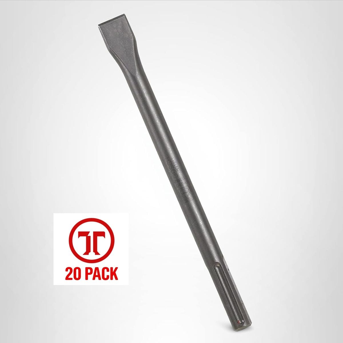 A clean studio product shot of a single Bosch HS1911 SDS-max flat chisel bit from the 20-pack kit set against a light gray gradient background, showcasing its universal SDS-max connection shank, solid metal body shaft, and flat chisel face next to a square 20 Pack graphic emblem.